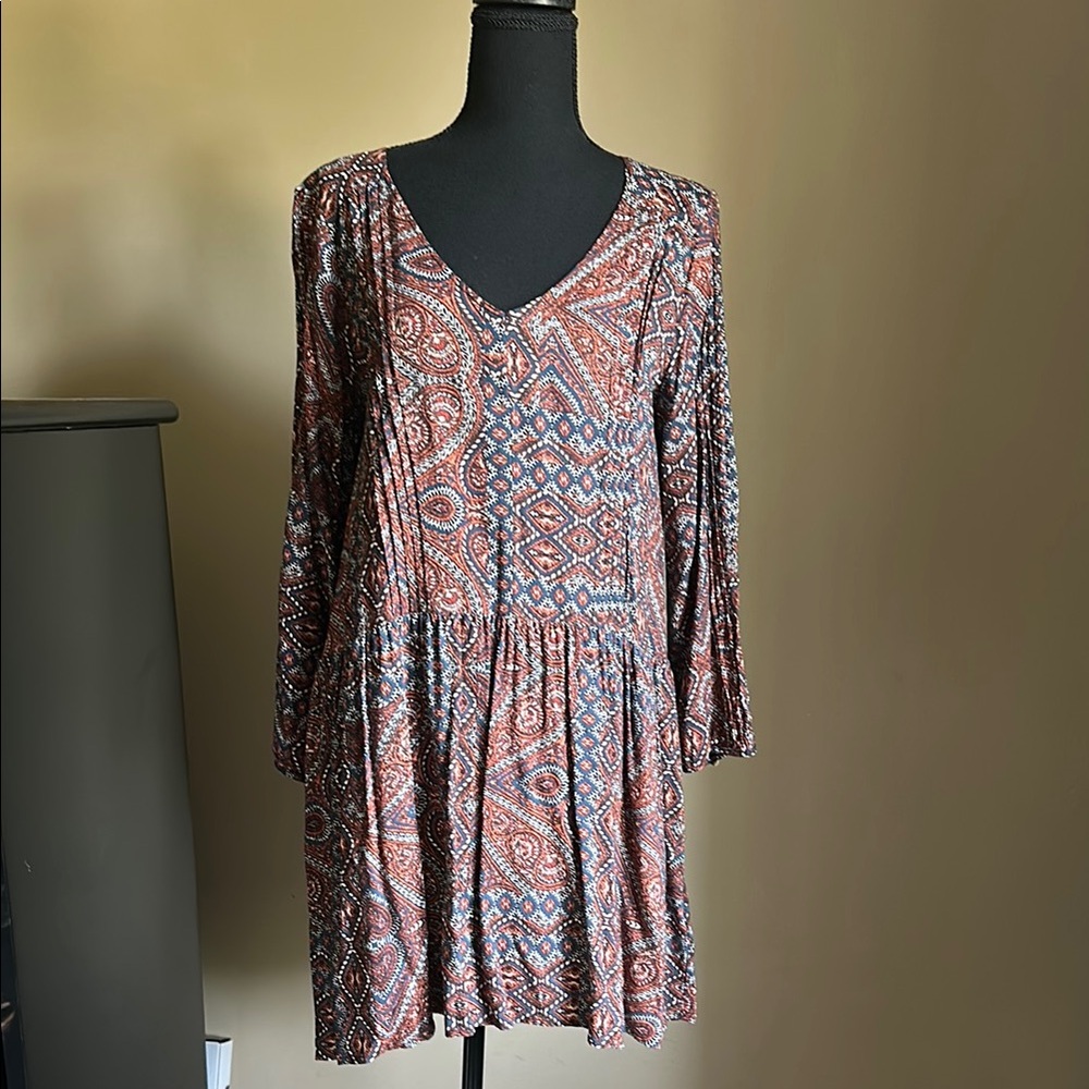 Sanctuary Blue &  Rust 2 Pocket  3/4 Sleeve Tunic/Mini Dress